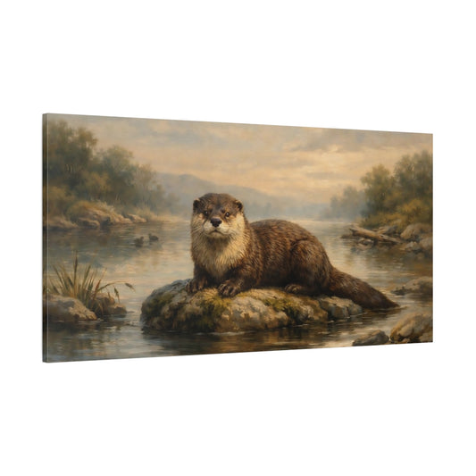 Main Mockup. Animals Otter Brown Otter River shown as stretched canvas wall art