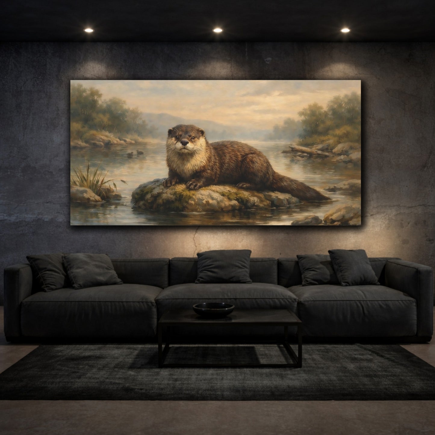 Mockup 2. Animals Otter Brown Otter River shown as stretched canvas wall art