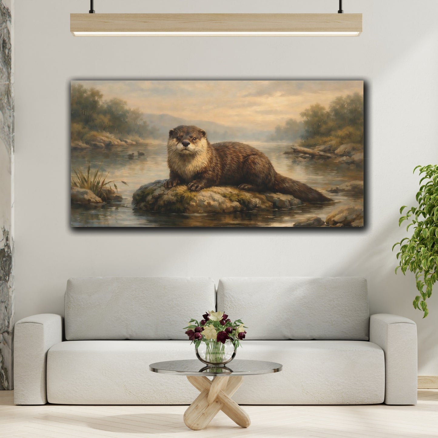 Mockup 3. Animals Otter Brown Otter River shown as stretched canvas wall art