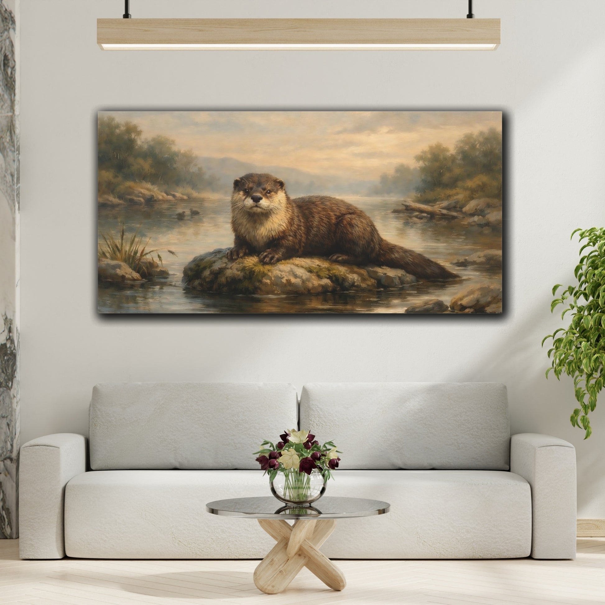Mockup 3. Animals Otter Brown Otter River shown as stretched canvas wall art