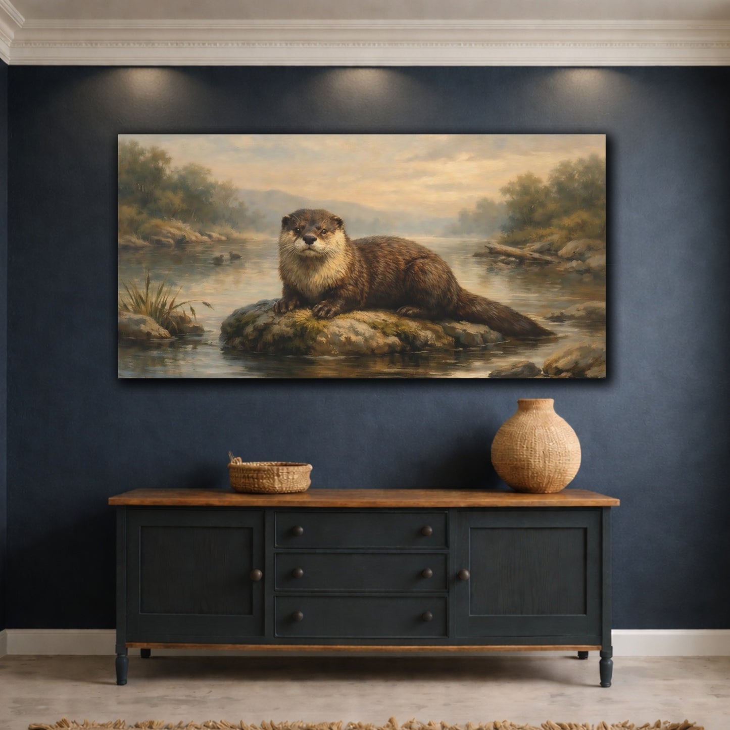 Mockup 4. Animals Otter Brown Otter River shown as stretched canvas wall art