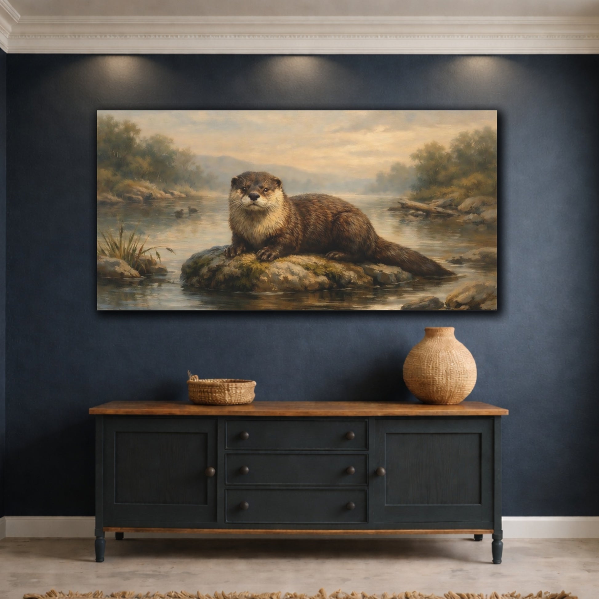 Mockup 4. Animals Otter Brown Otter River shown as stretched canvas wall art
