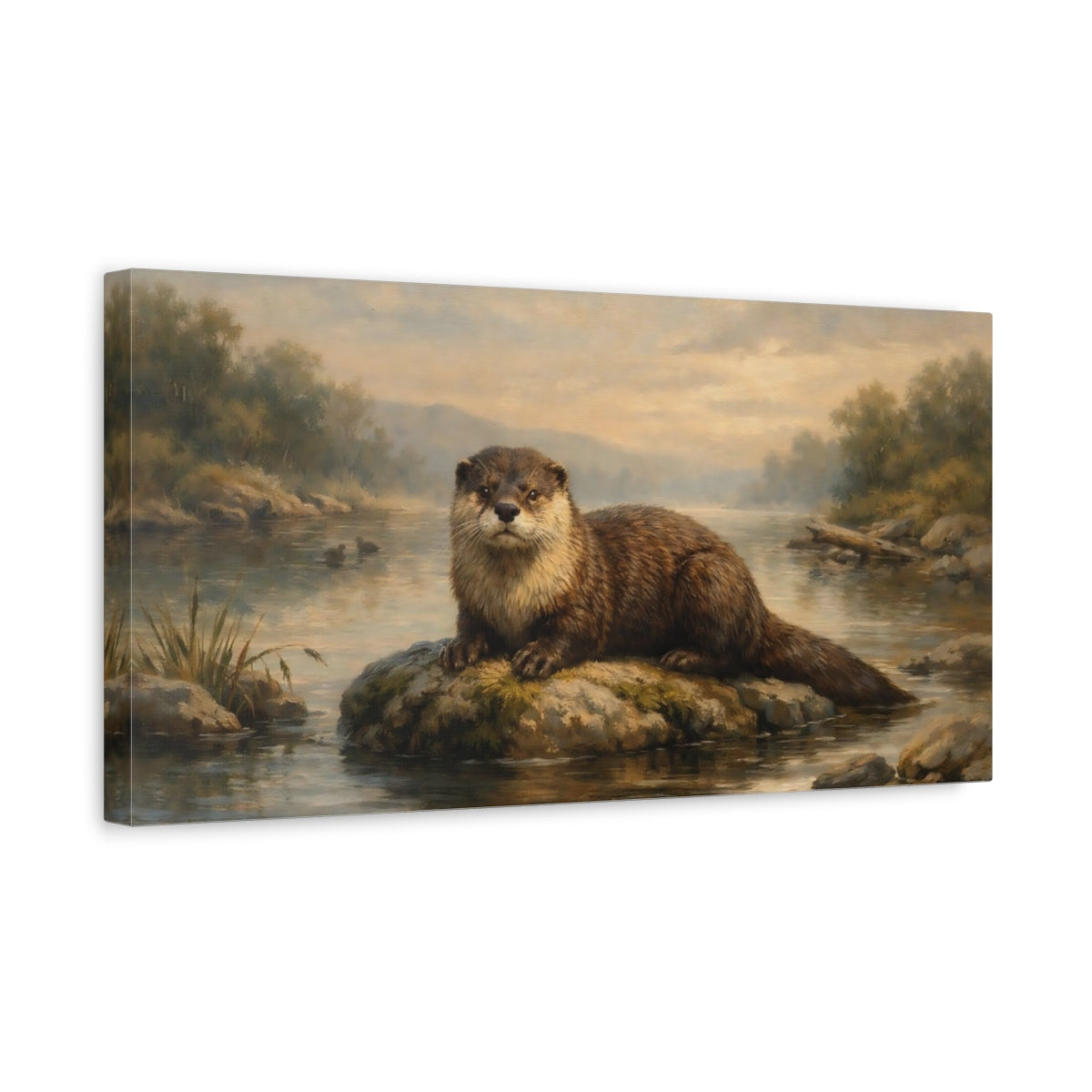 Side Mockup 3. Animals Otter Brown Otter River shown as stretched canvas wall art