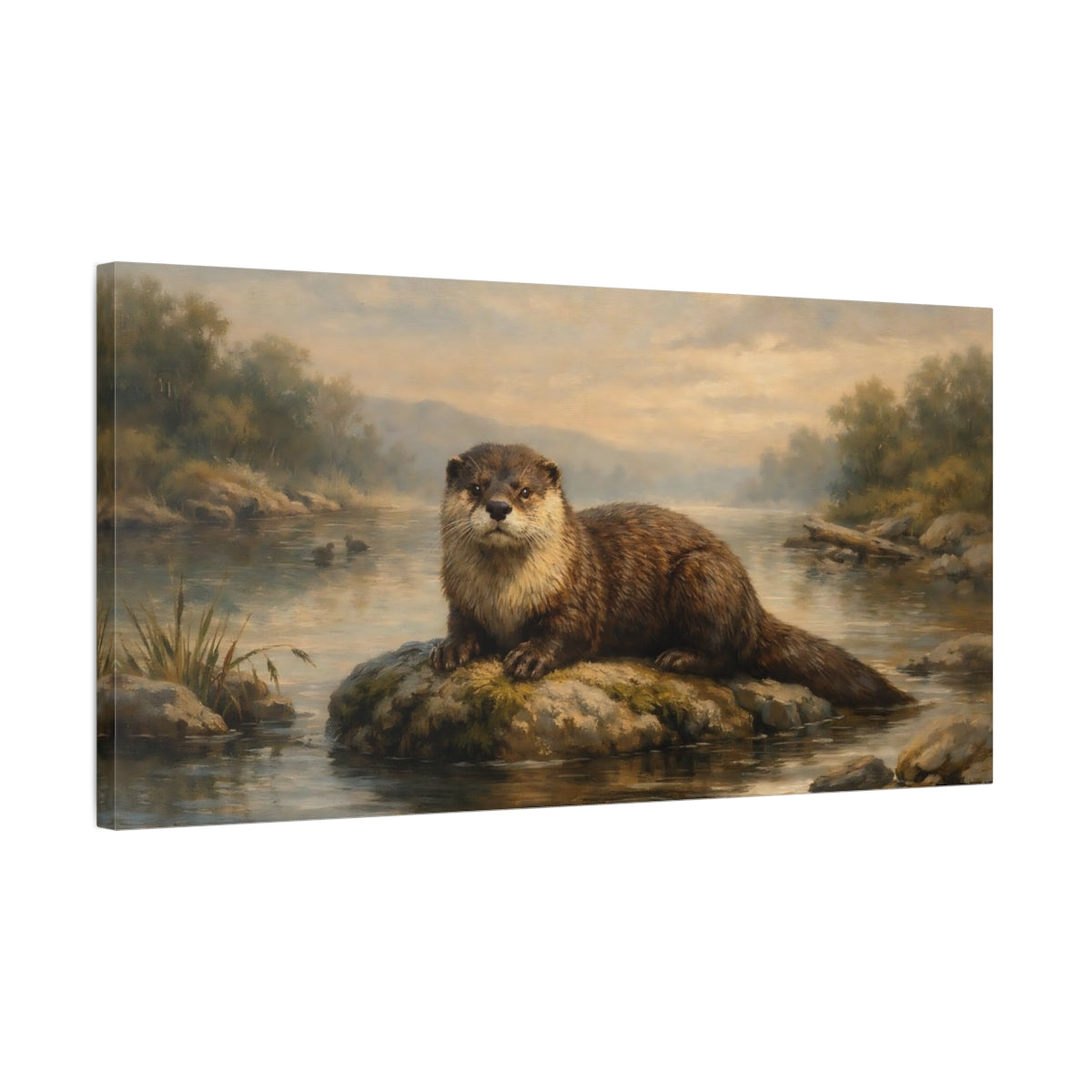 Side Mockup 2. Animals Otter Brown Otter River shown as stretched canvas wall art