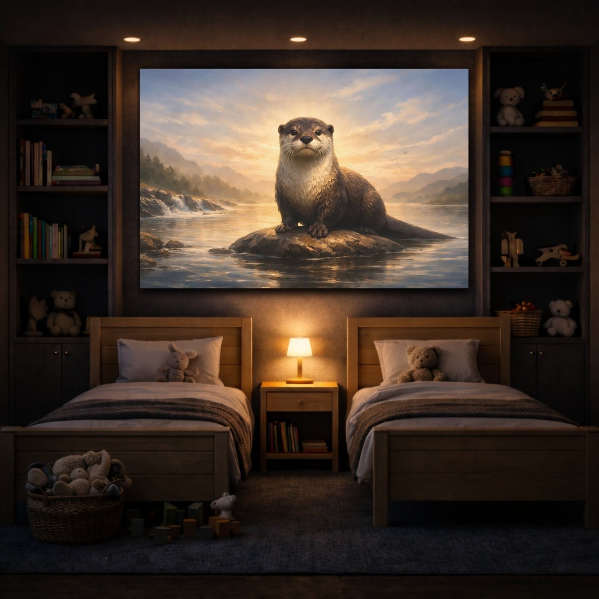 Animals Otter River Sunset - Canvas Wall Art Print - YesArtYes