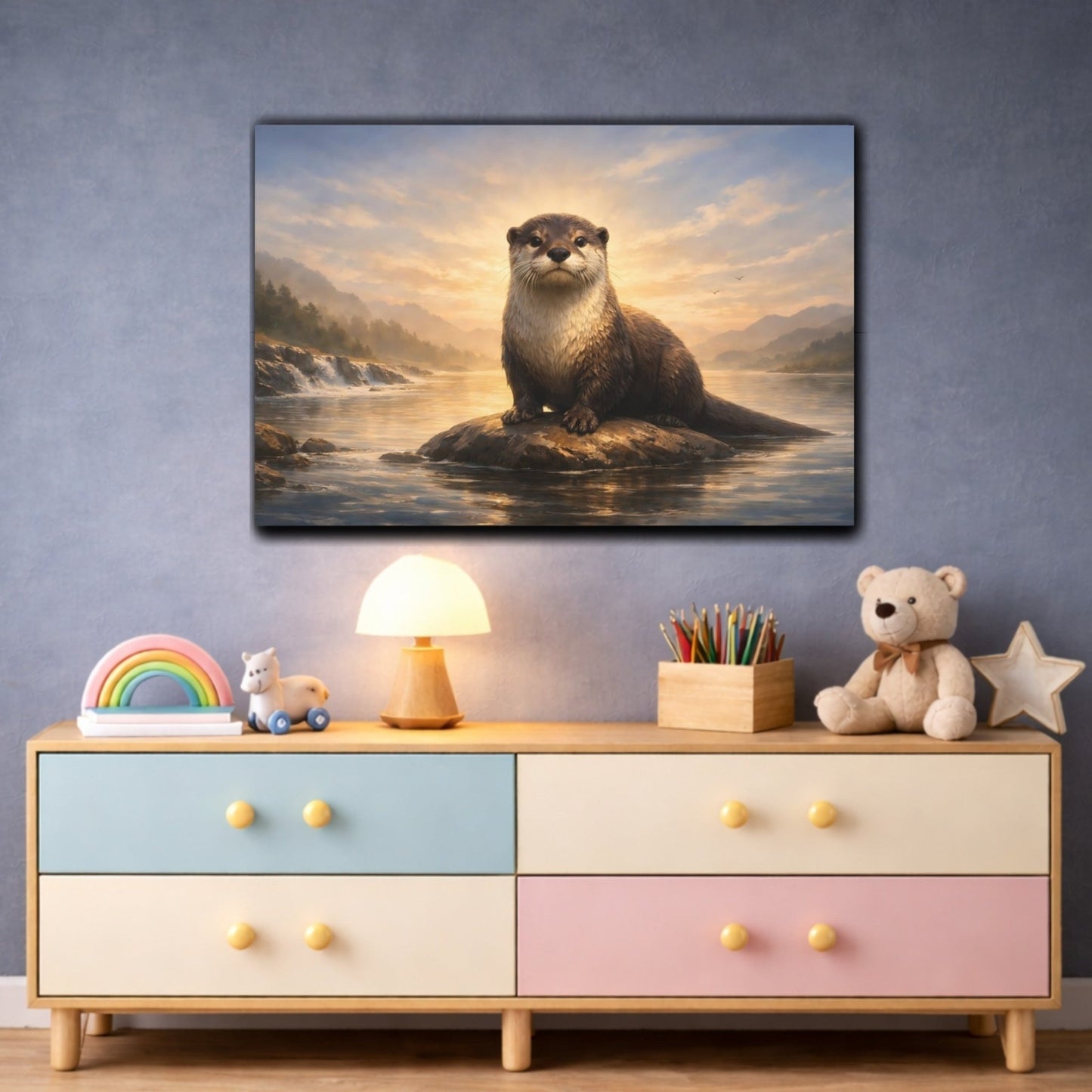 Animals Otter River Sunset - Canvas Wall Art Print - YesArtYes