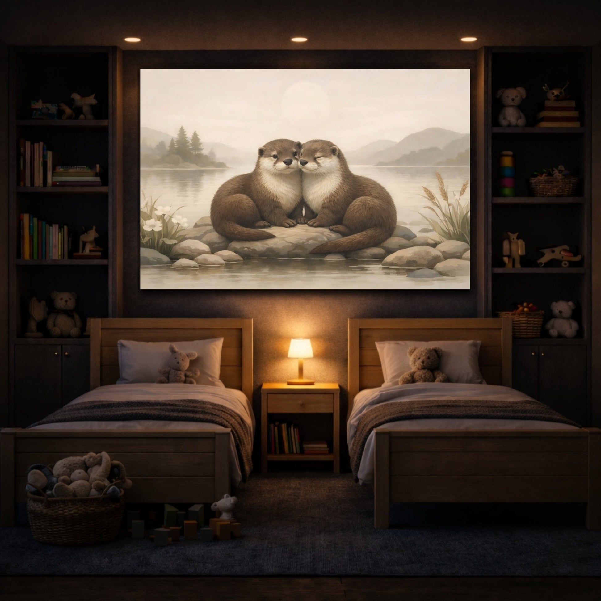 Animals Otters Brown Lake - Canvas Wall Art Print - YesArtYes