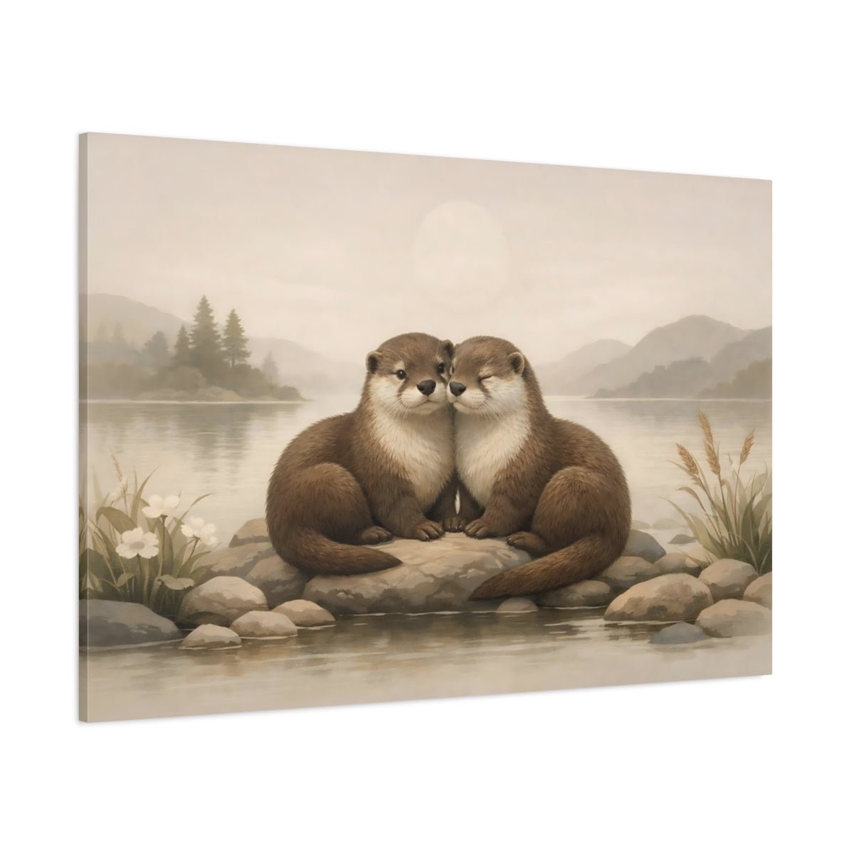 Animals Otters Brown Lake - Canvas Wall Art Print - YesArtYes