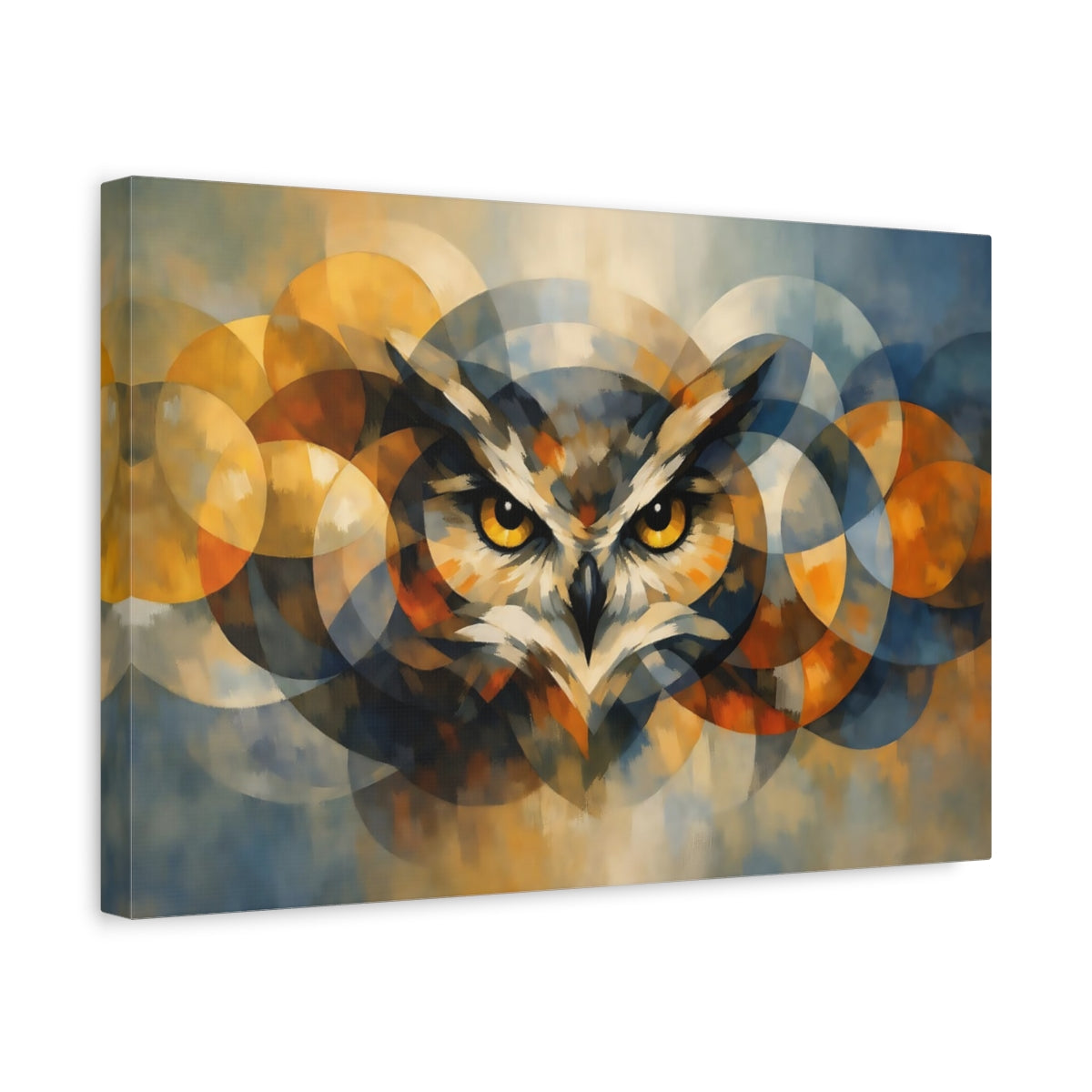 Side Mockup 4. Animals Owl Blue And Gold Owl shown as stretched canvas wall art
