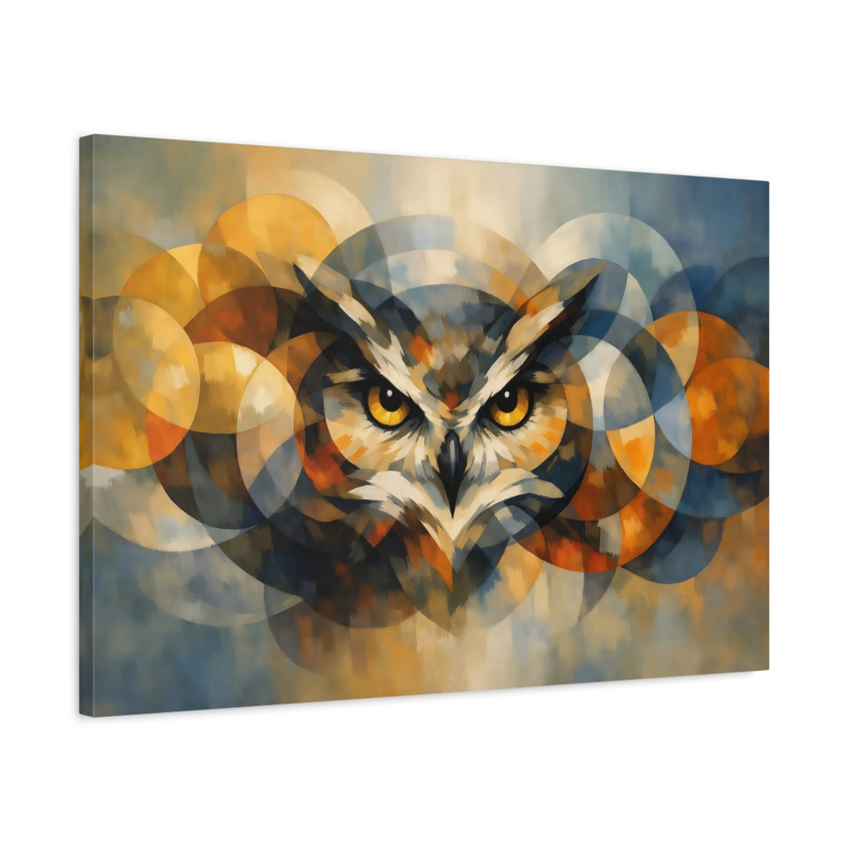 Side Mockup 2. Animals Owl Blue And Gold Owl shown as stretched canvas wall art