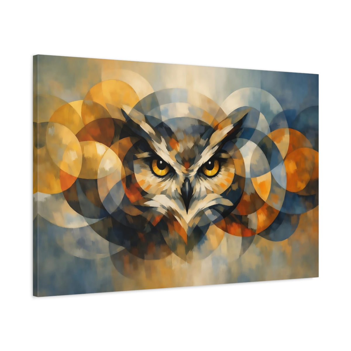 Side Mockup 1. Animals Owl Blue And Gold Owl shown as stretched canvas wall art
