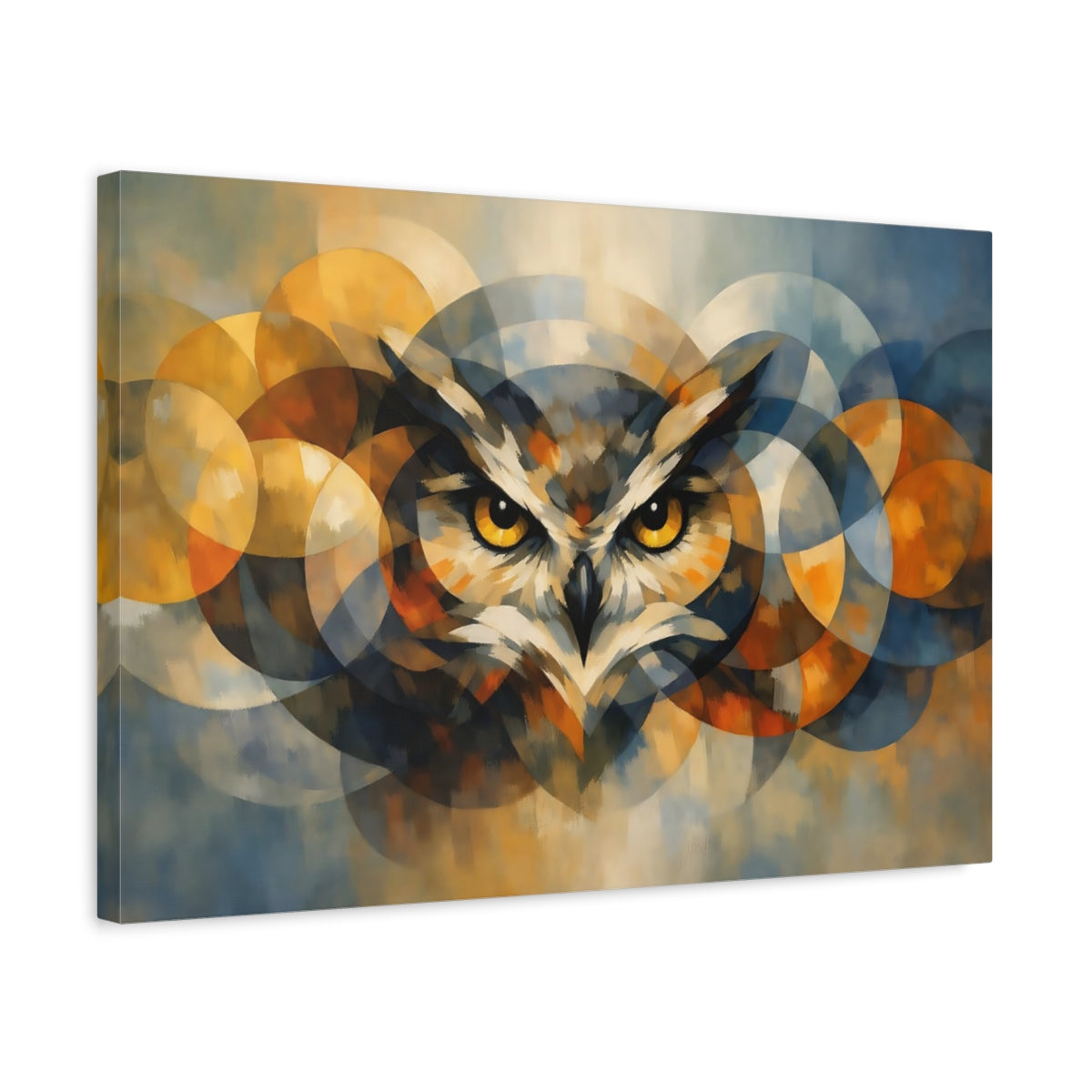 Side Mockup 3. Animals Owl Blue And Gold Owl shown as stretched canvas wall art