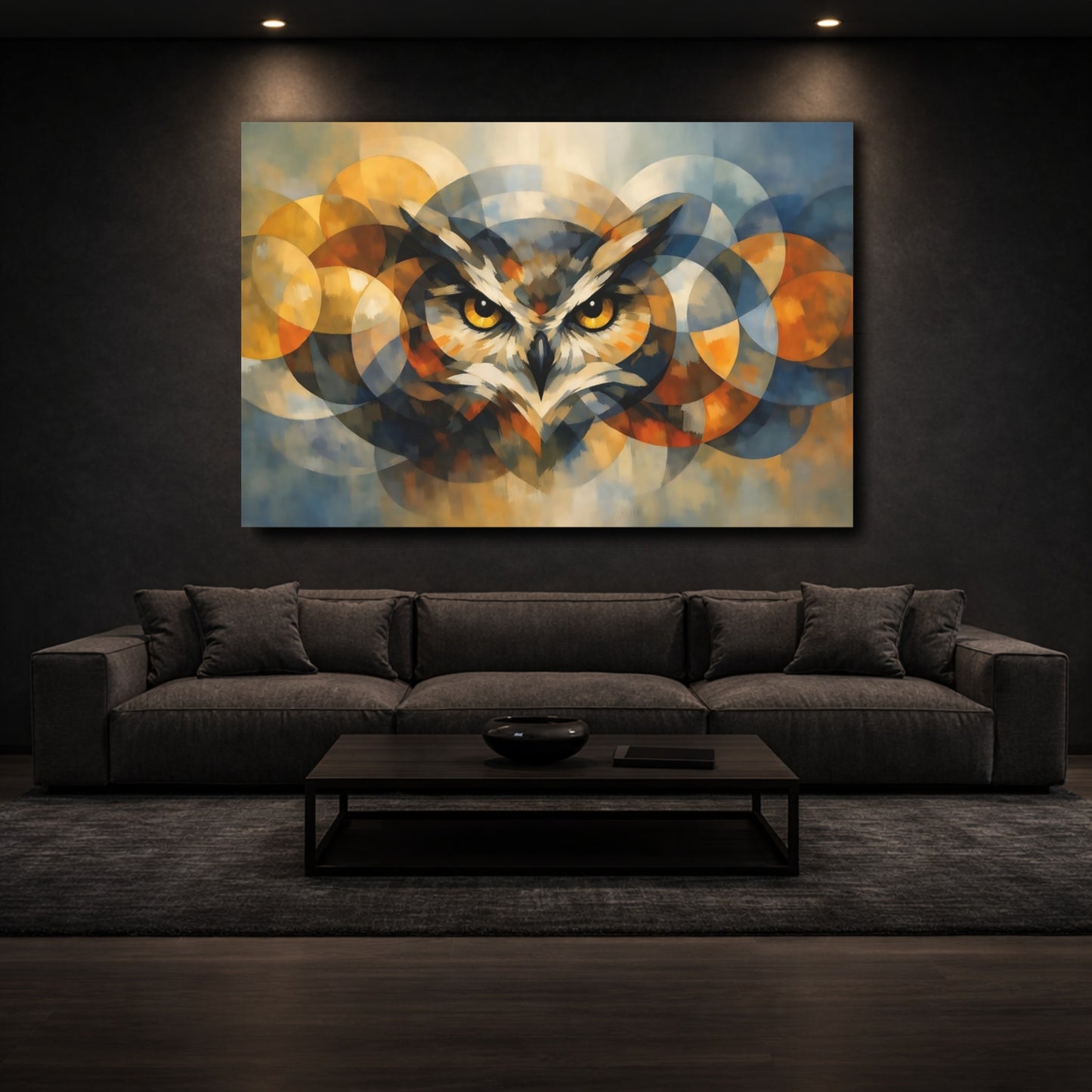 Mockup 2. Animals Owl Blue And Gold Owl shown as stretched canvas wall art