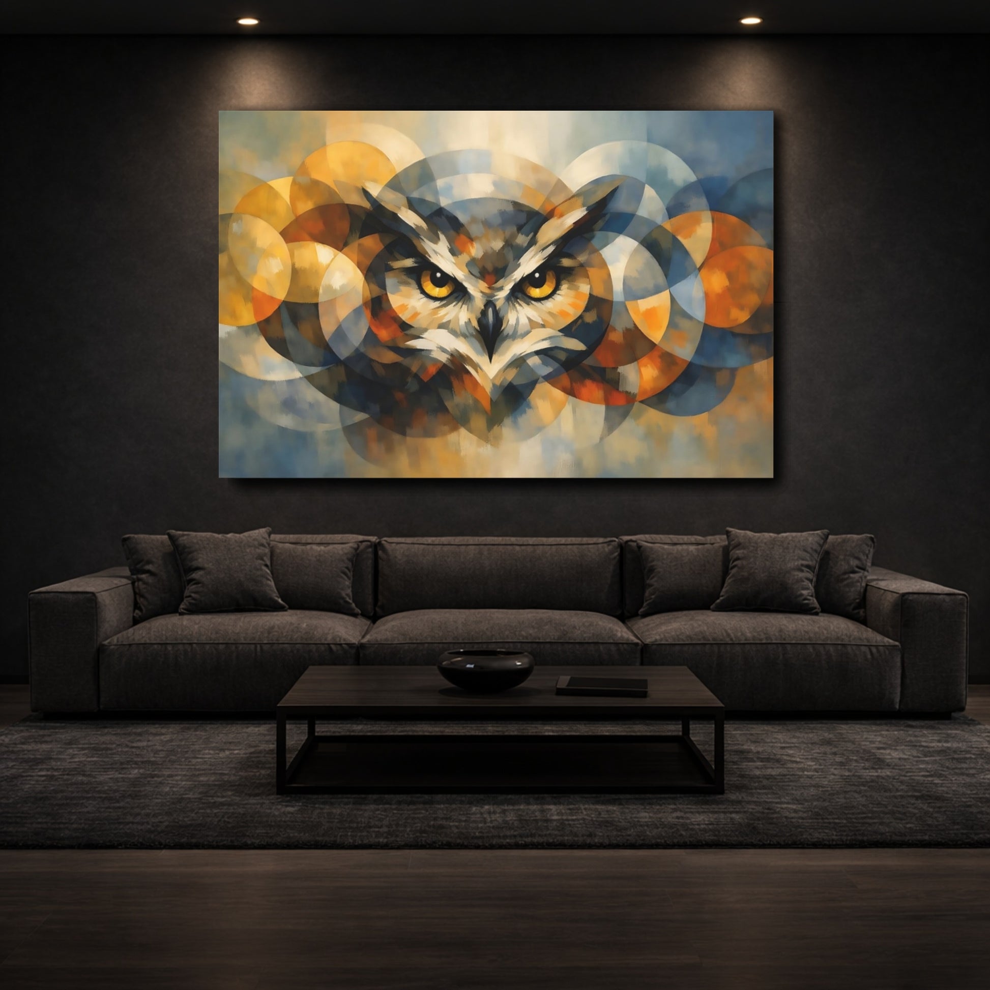 Mockup 2. Animals Owl Blue And Gold Owl shown as stretched canvas wall art