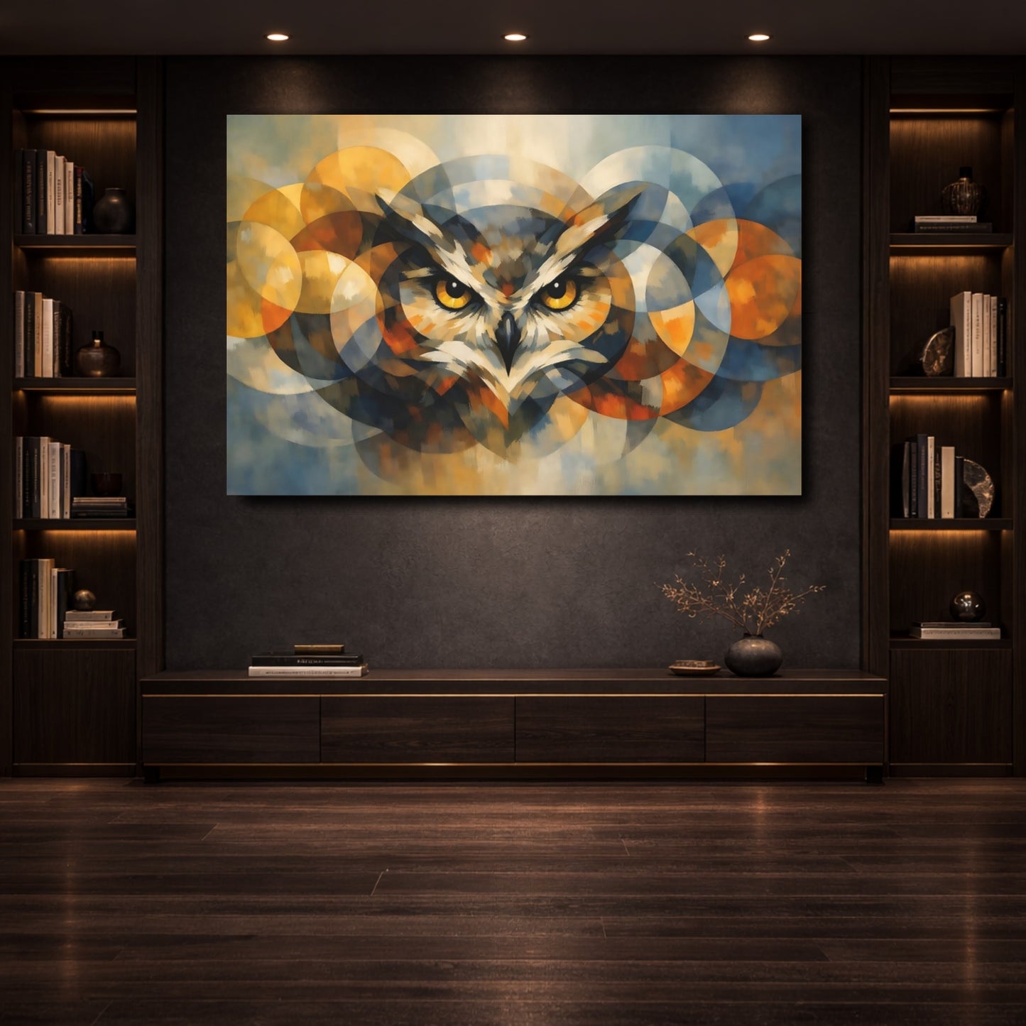 Mockup 3. Animals Owl Blue And Gold Owl shown as stretched canvas wall art