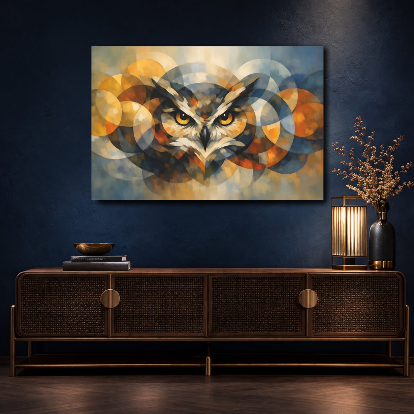 Mockup 4. Animals Owl Blue And Gold Owl shown as stretched canvas wall art