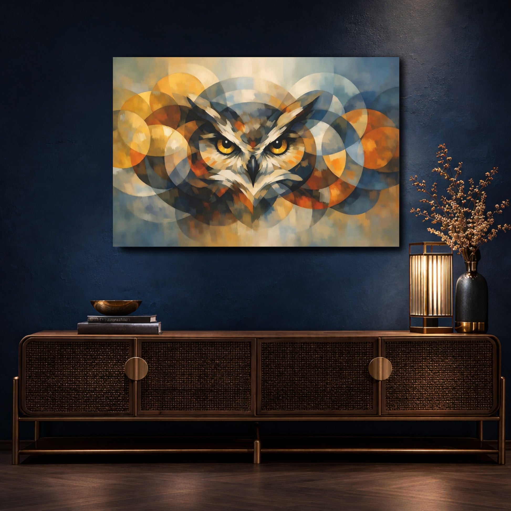 Mockup 4. Animals Owl Blue And Gold Owl shown as stretched canvas wall art