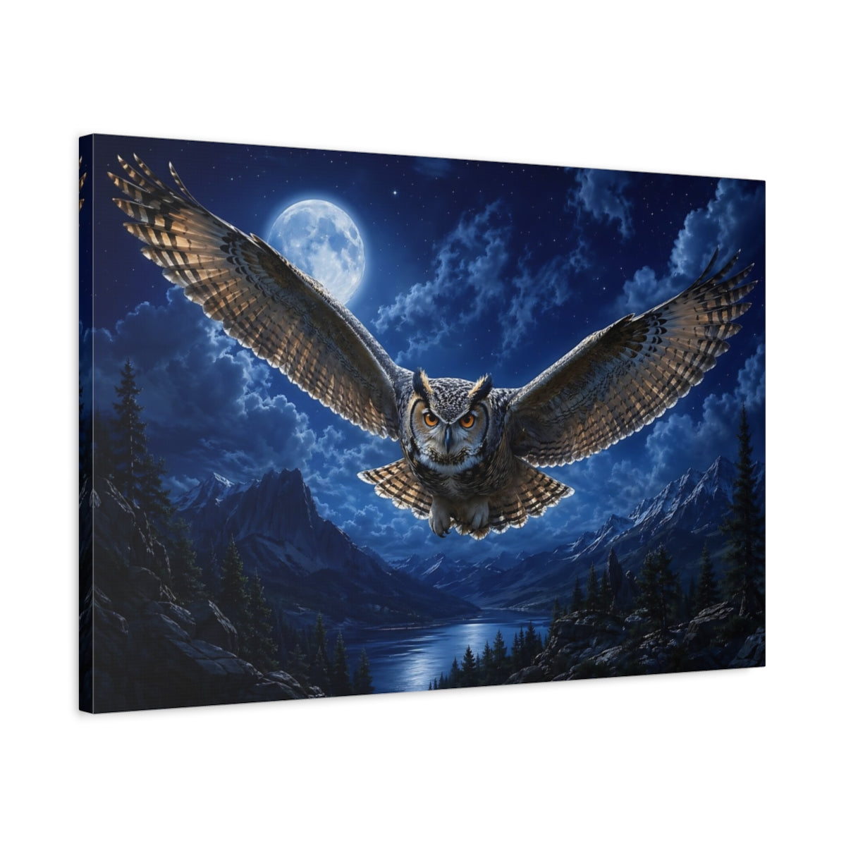 Side Mockup 2. Animals Owl Blue Night Owl shown as stretched canvas wall art