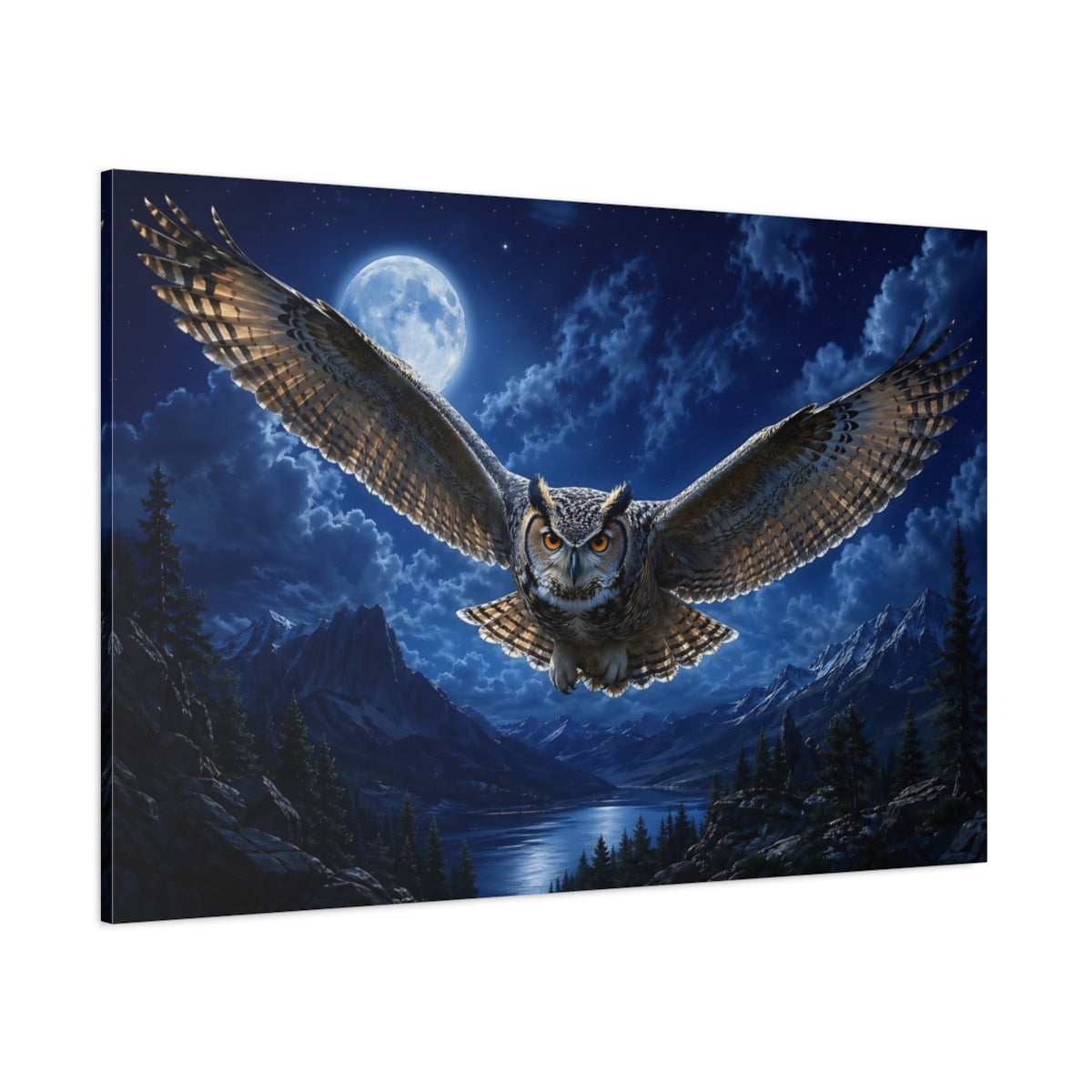 Side Mockup 1. Animals Owl Blue Night Owl shown as stretched canvas wall art