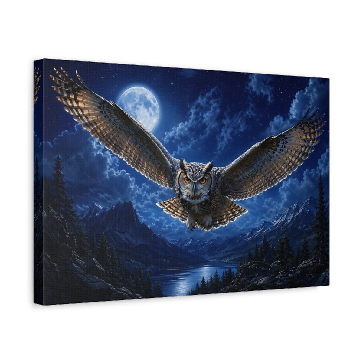 Side Mockup 4. Animals Owl Blue Night Owl shown as stretched canvas wall art