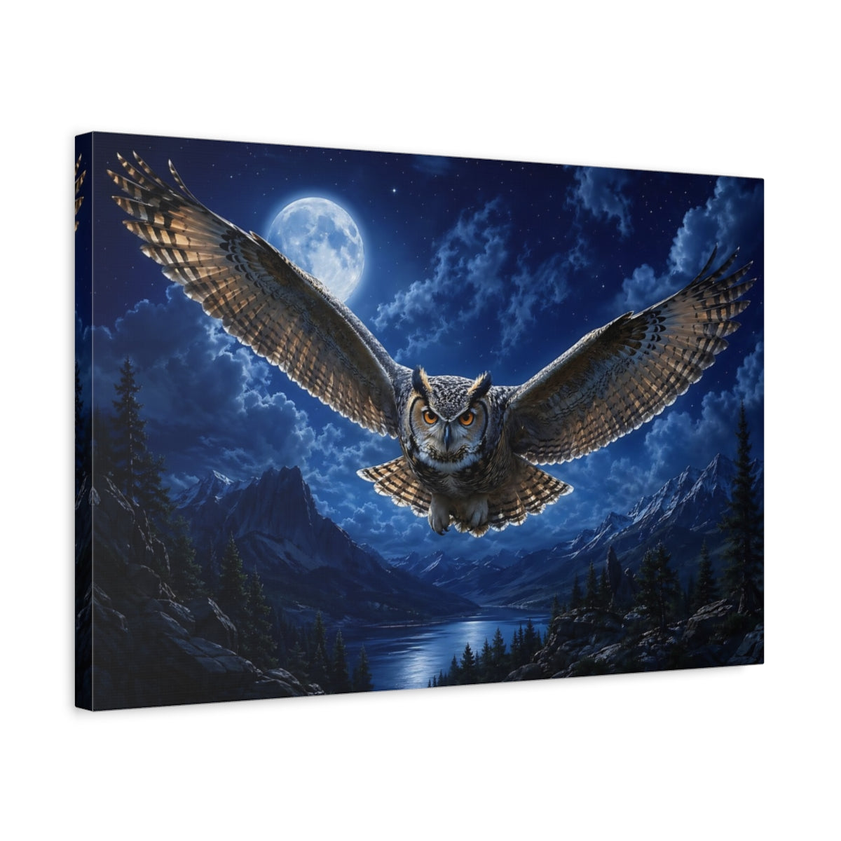 Side Mockup 3. Animals Owl Blue Night Owl shown as stretched canvas wall art