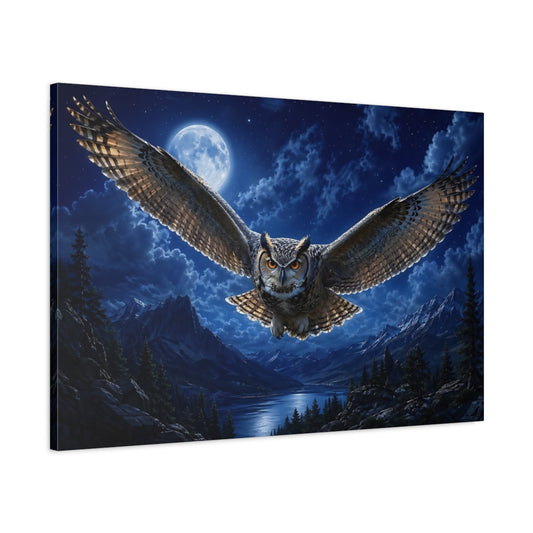 Main Mockup. Animals Owl Blue Night Owl shown as stretched canvas wall art