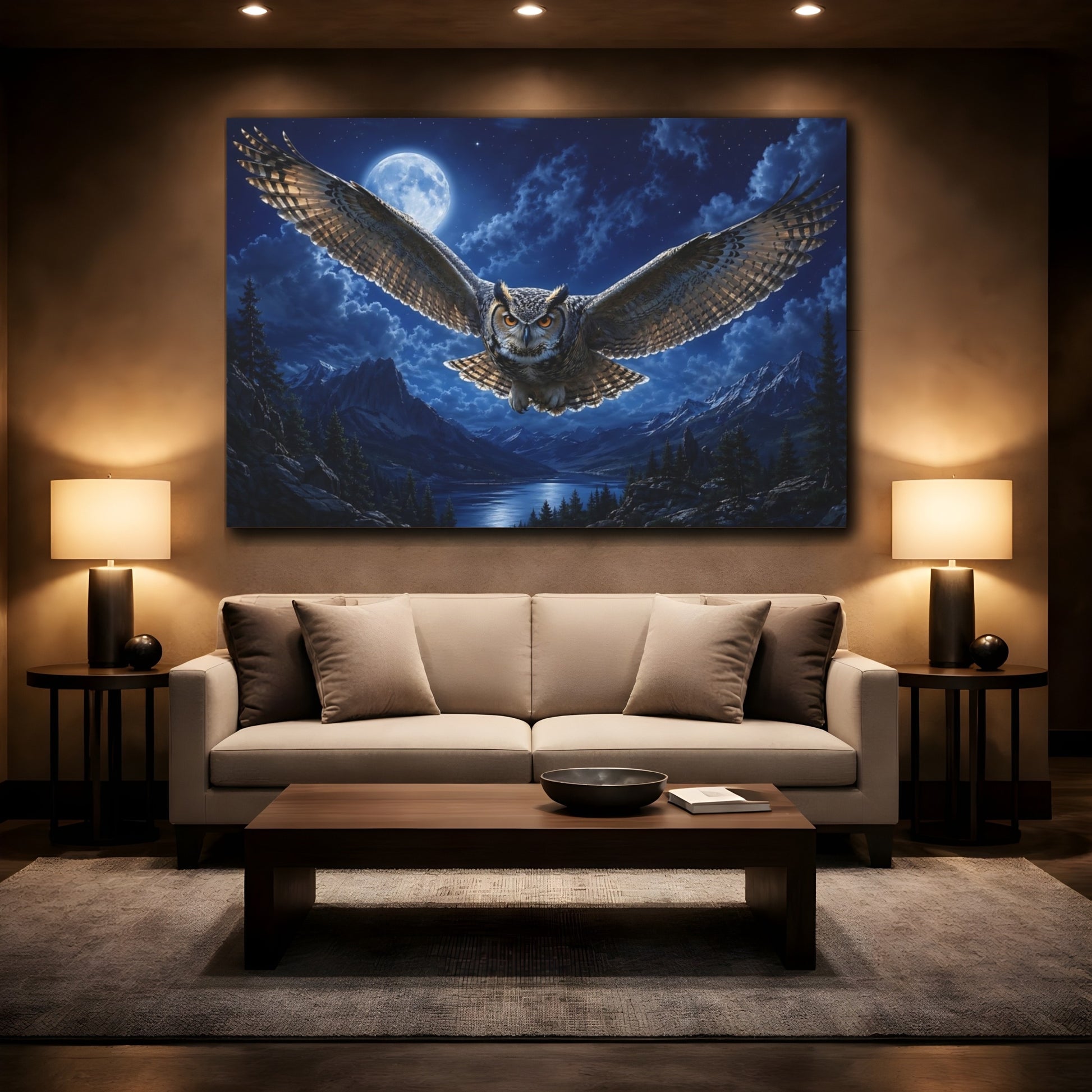 Mockup 2. Animals Owl Blue Night Owl shown as stretched canvas wall art