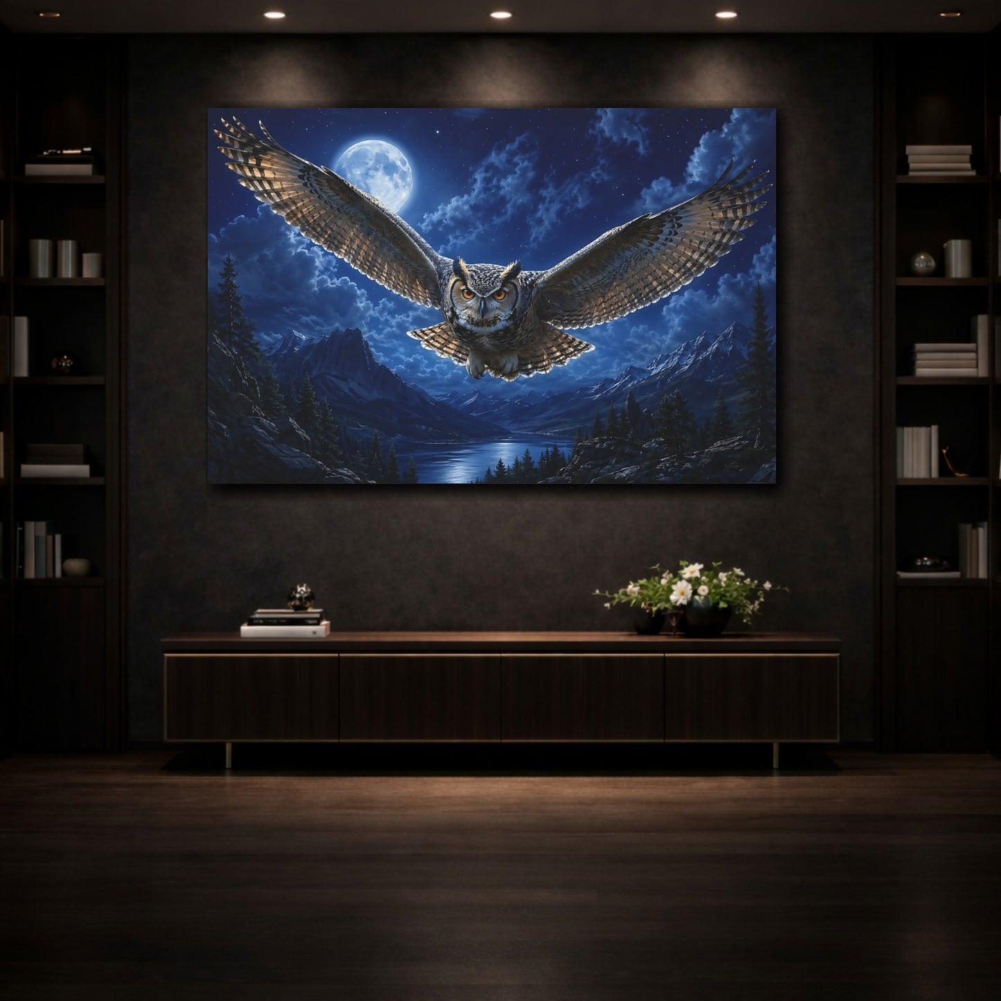 Mockup 3. Animals Owl Blue Night Owl shown as stretched canvas wall art