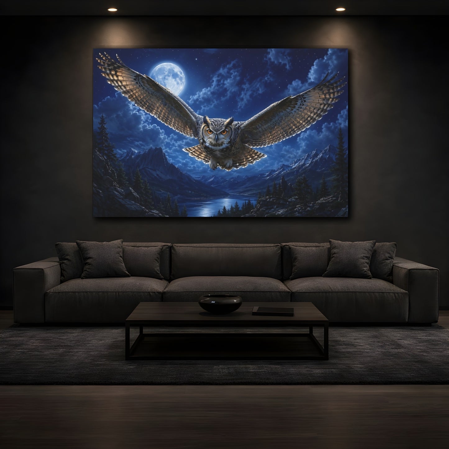Mockup 4. Animals Owl Blue Night Owl shown as stretched canvas wall art