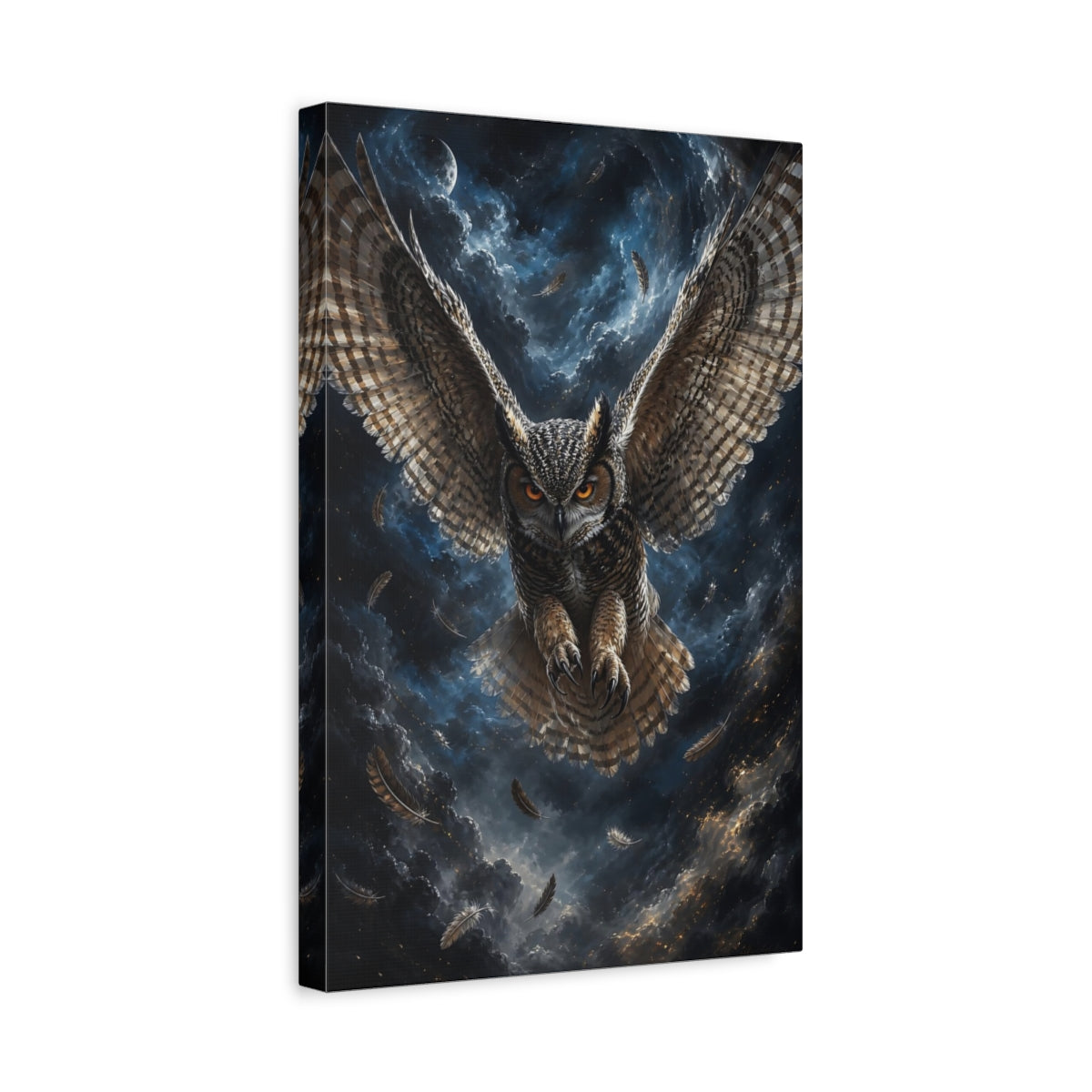 Side Mockup 4. Animals Owl Brown And Blue Owl shown as stretched canvas wall art