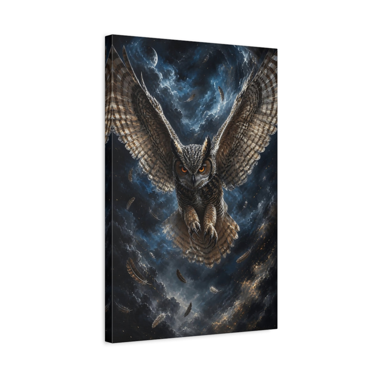 Side Mockup 3. Animals Owl Brown And Blue Owl shown as stretched canvas wall art