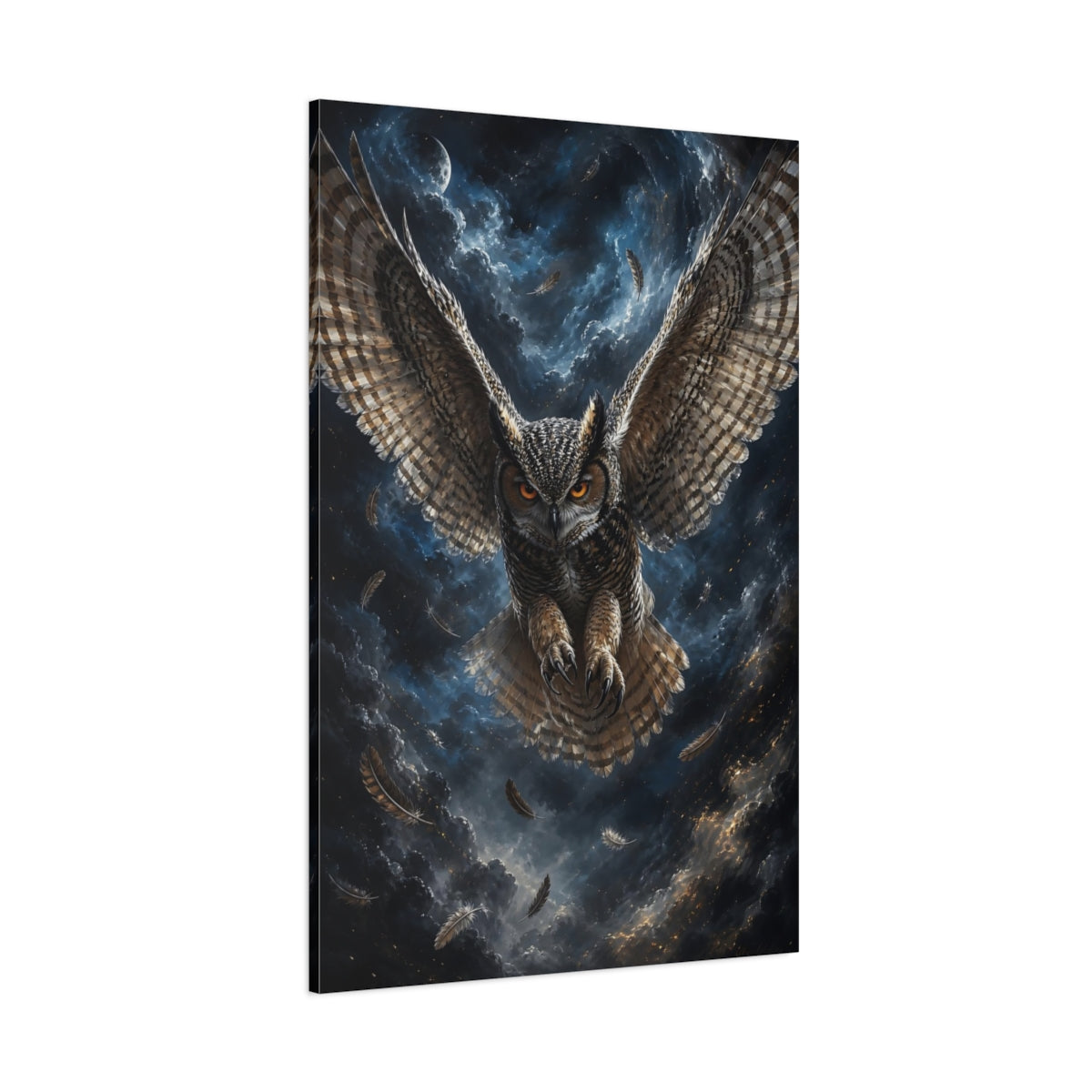 Side Mockup 1. Animals Owl Brown And Blue Owl shown as stretched canvas wall art
