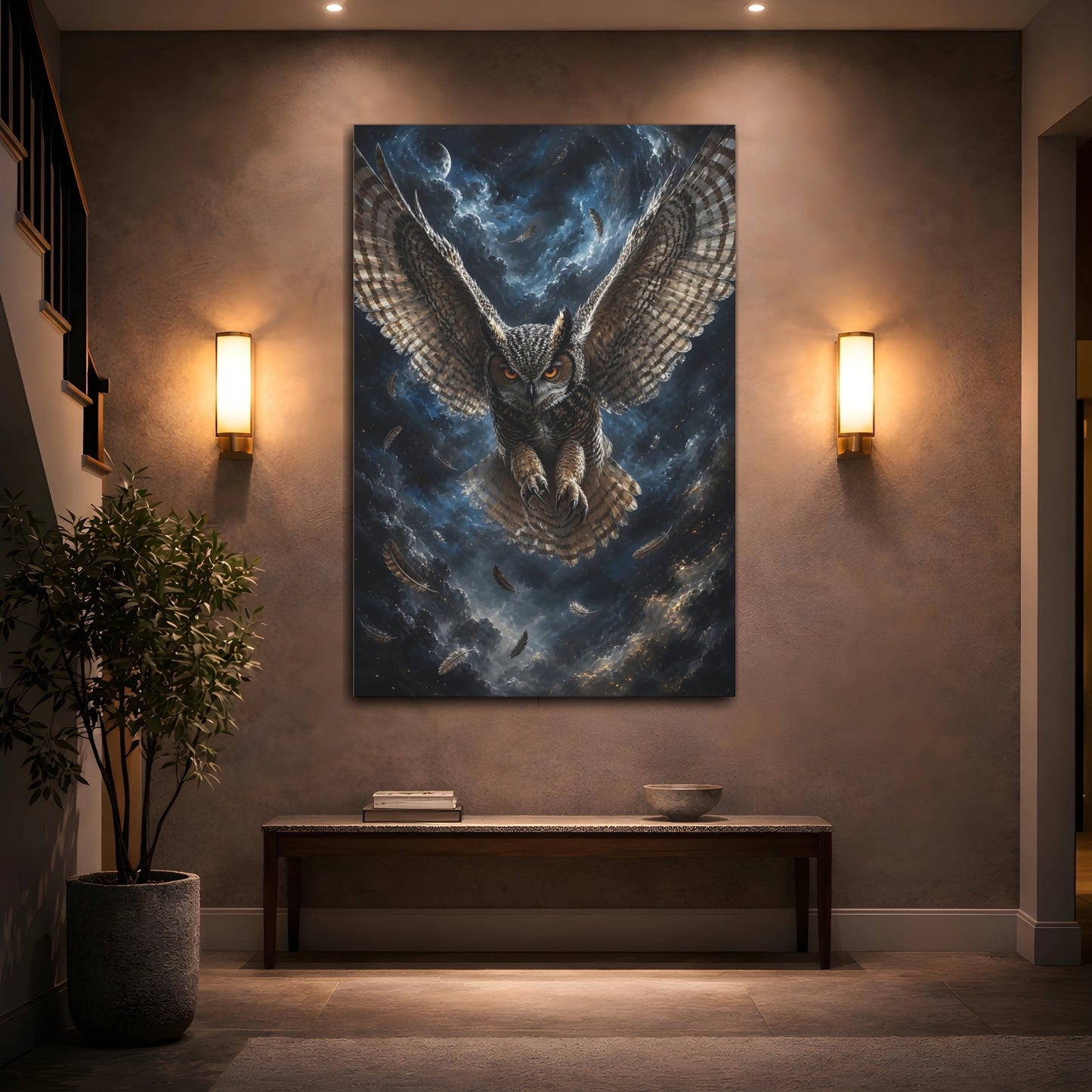 Mockup 2. Animals Owl Brown And Blue Owl shown as stretched canvas wall art