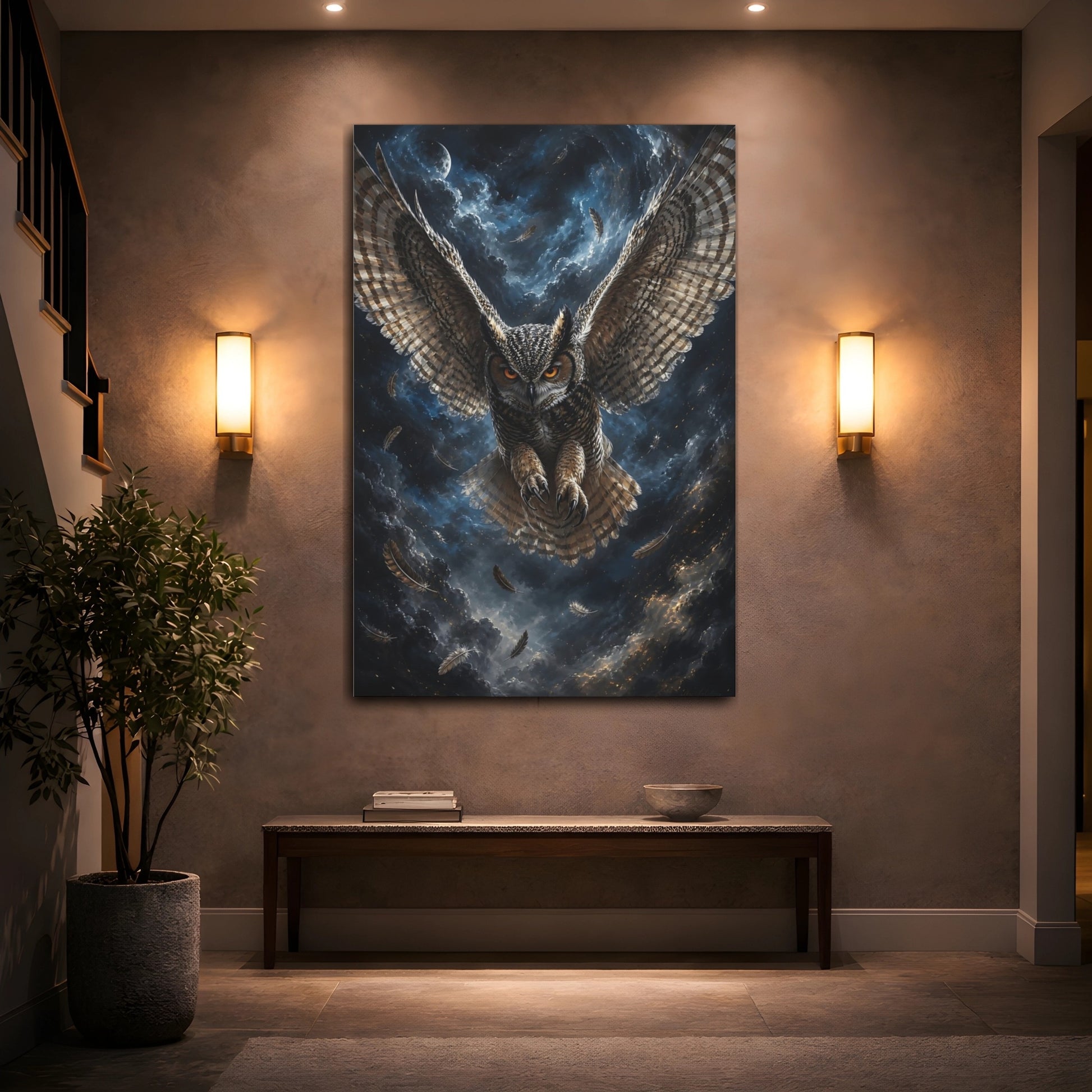 Mockup 2. Animals Owl Brown And Blue Owl shown as stretched canvas wall art