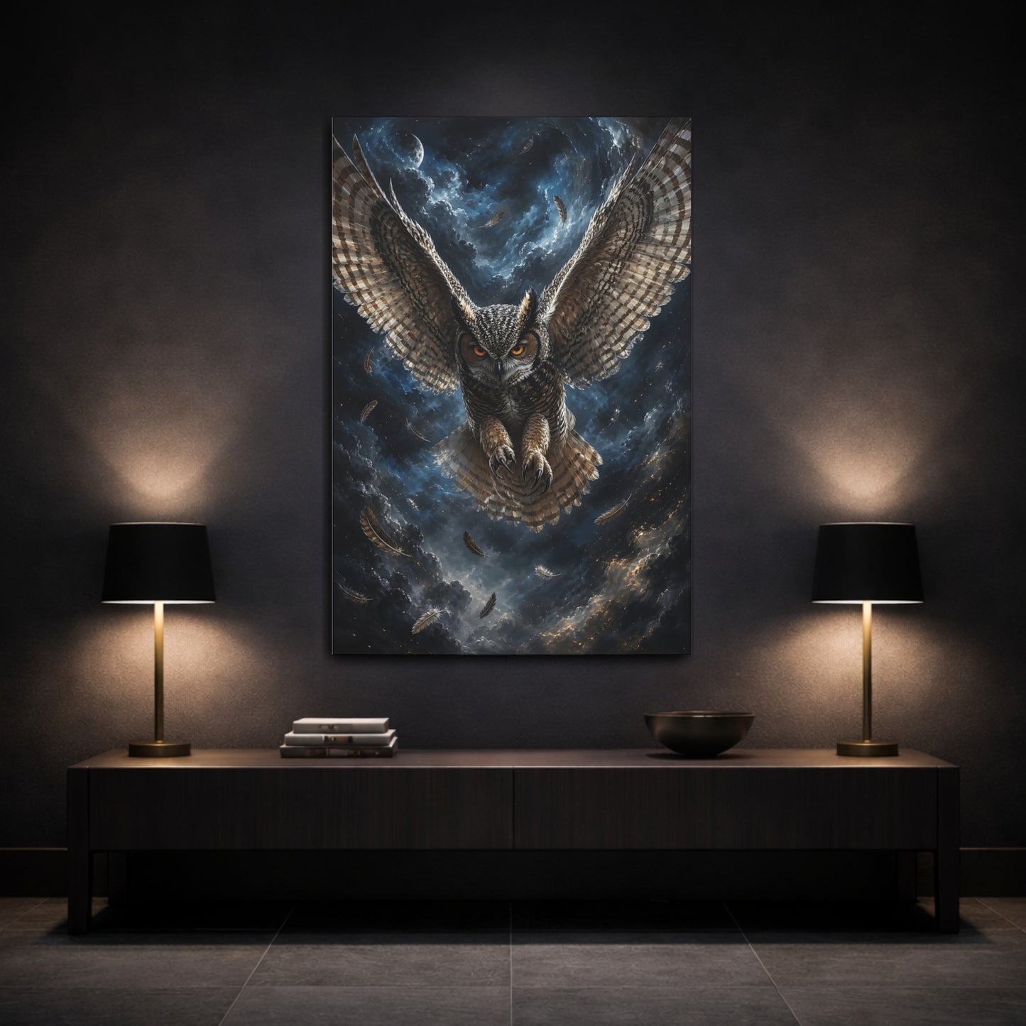Mockup 3. Animals Owl Brown And Blue Owl shown as stretched canvas wall art