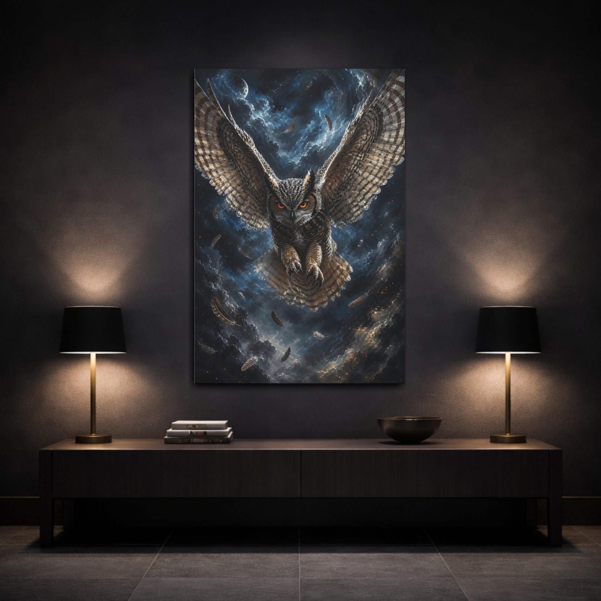 Mockup 3. Animals Owl Brown And Blue Owl shown as stretched canvas wall art