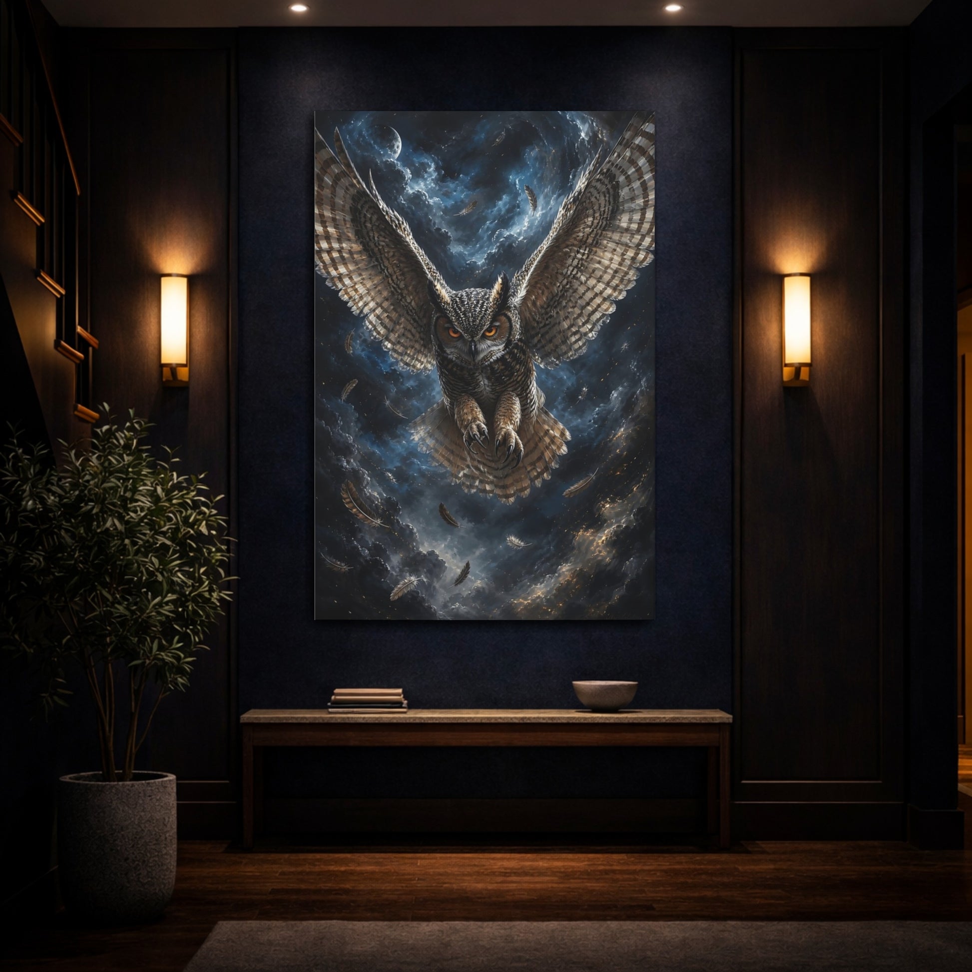 Mockup 4. Animals Owl Brown And Blue Owl shown as stretched canvas wall art