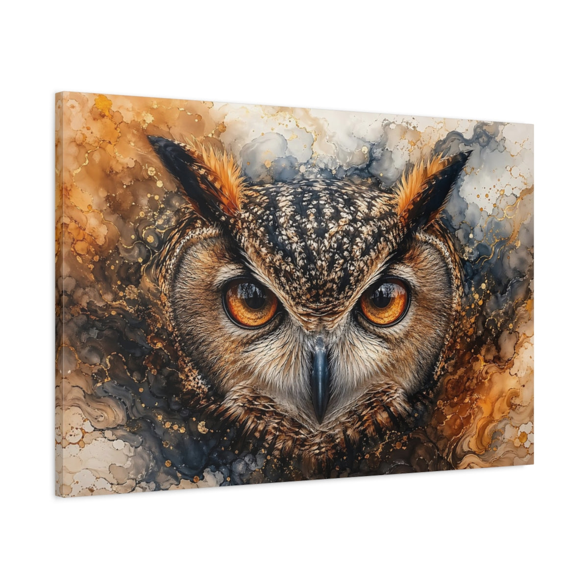 Main Mockup. Animals Owl Brown And Gold shown as stretched canvas wall art