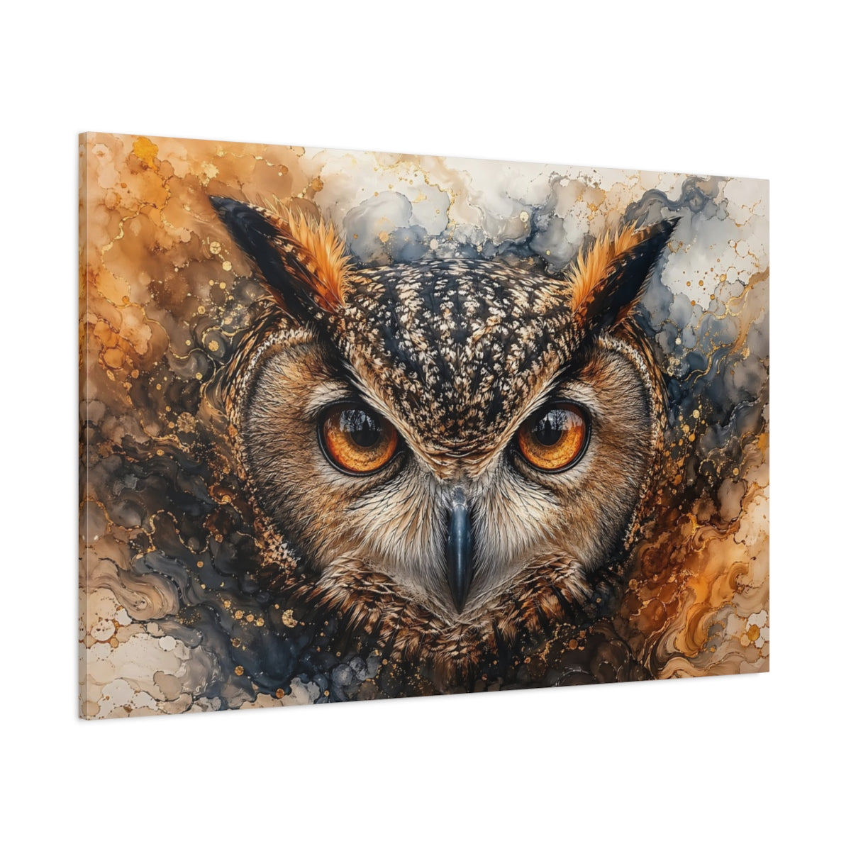 Side Mockup 1. Animals Owl Brown And Gold shown as stretched canvas wall art