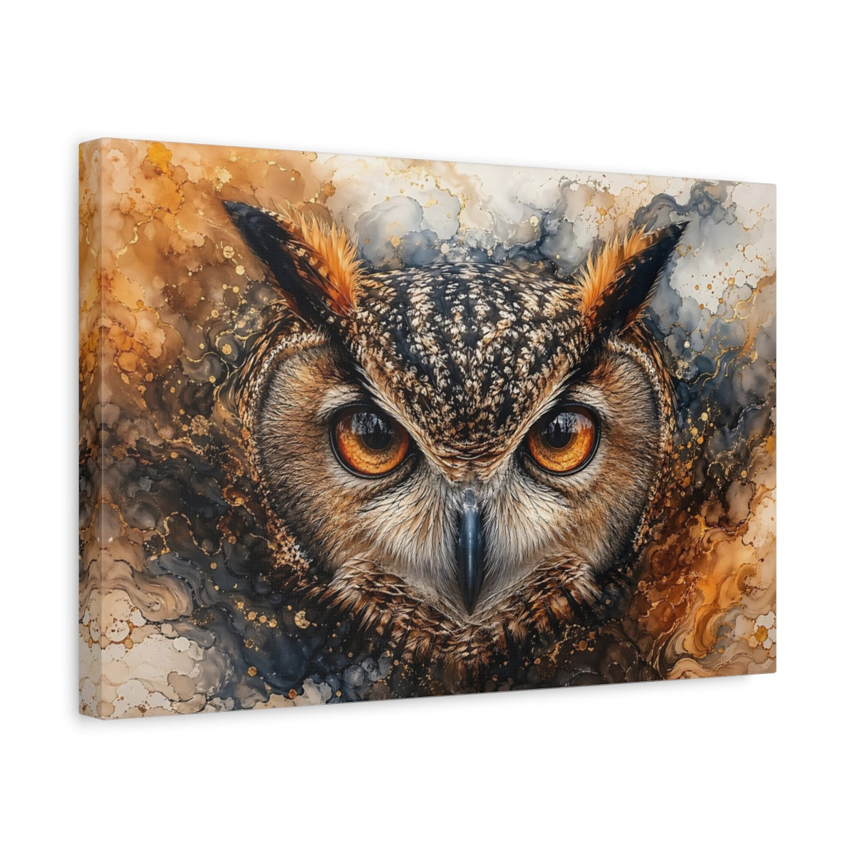 Side Mockup 4. Animals Owl Brown And Gold shown as stretched canvas wall art