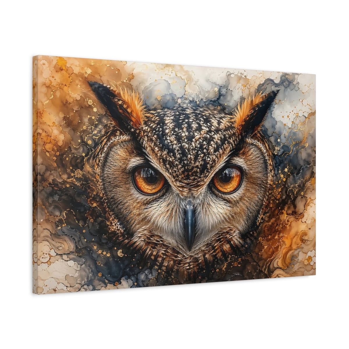 Side Mockup 2. Animals Owl Brown And Gold shown as stretched canvas wall art
