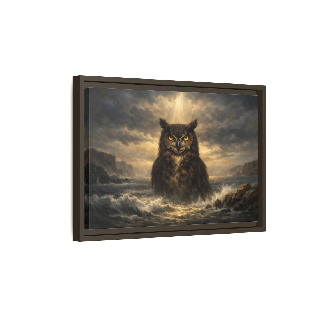 Side Mockup 5. Animals Owl Brown And Gold Owl shown as stretched canvas wall art