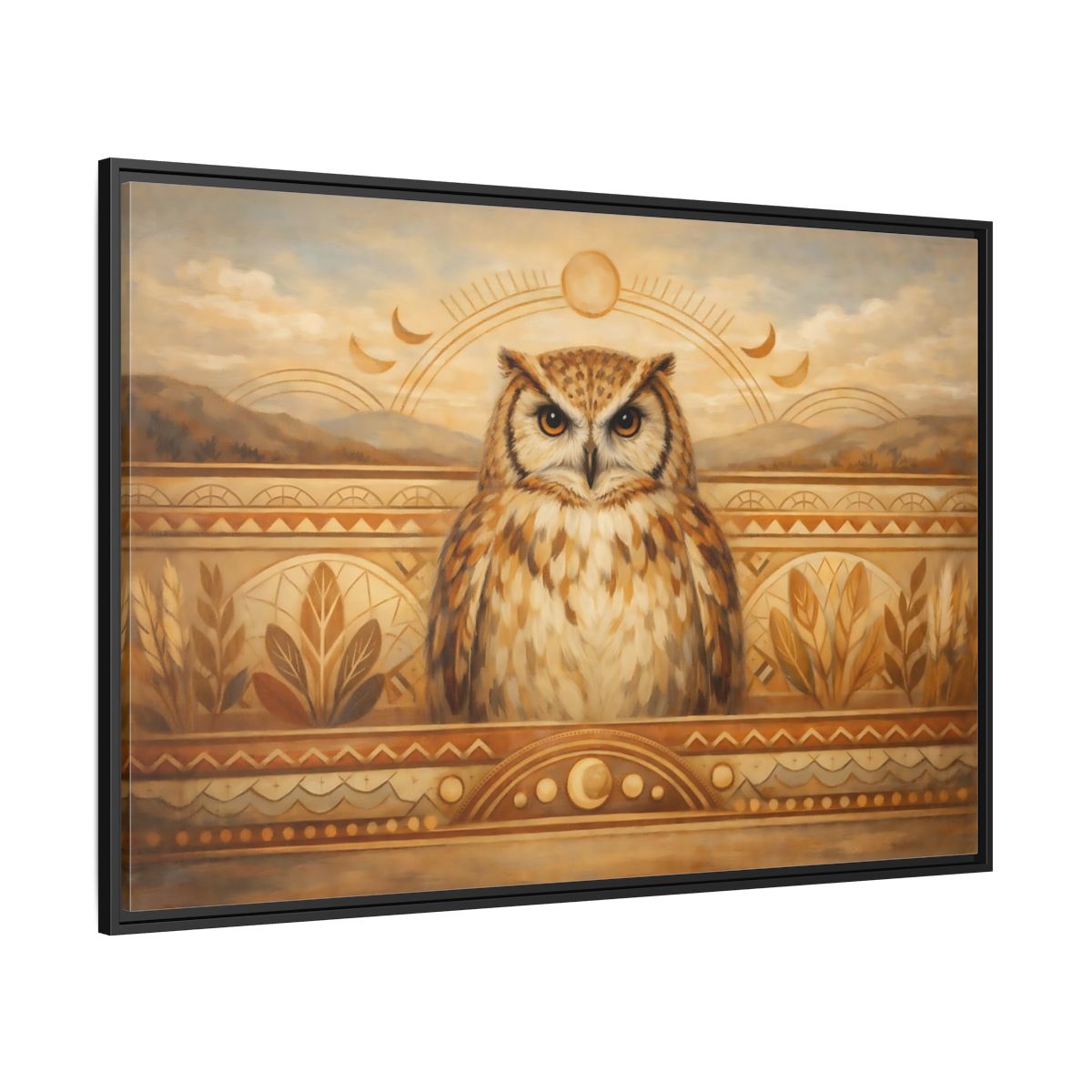 Side Mockup 12. Animals Owl Brown And Gold shown as stretched canvas wall art