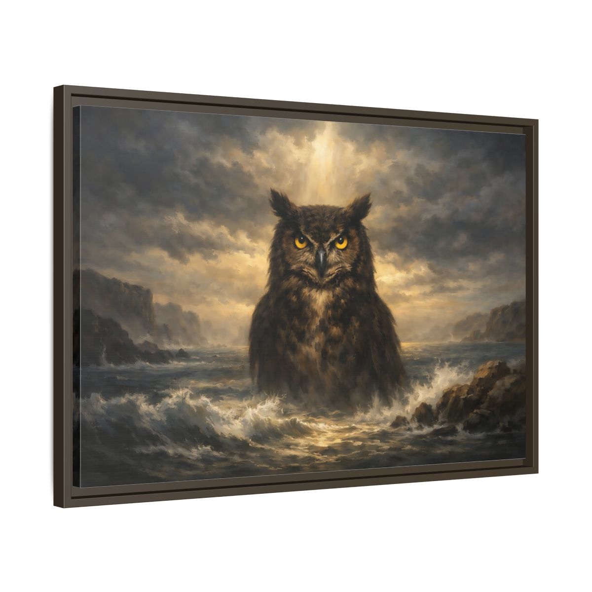 Side Mockup 11. Animals Owl Brown And Gold Owl shown as stretched canvas wall art