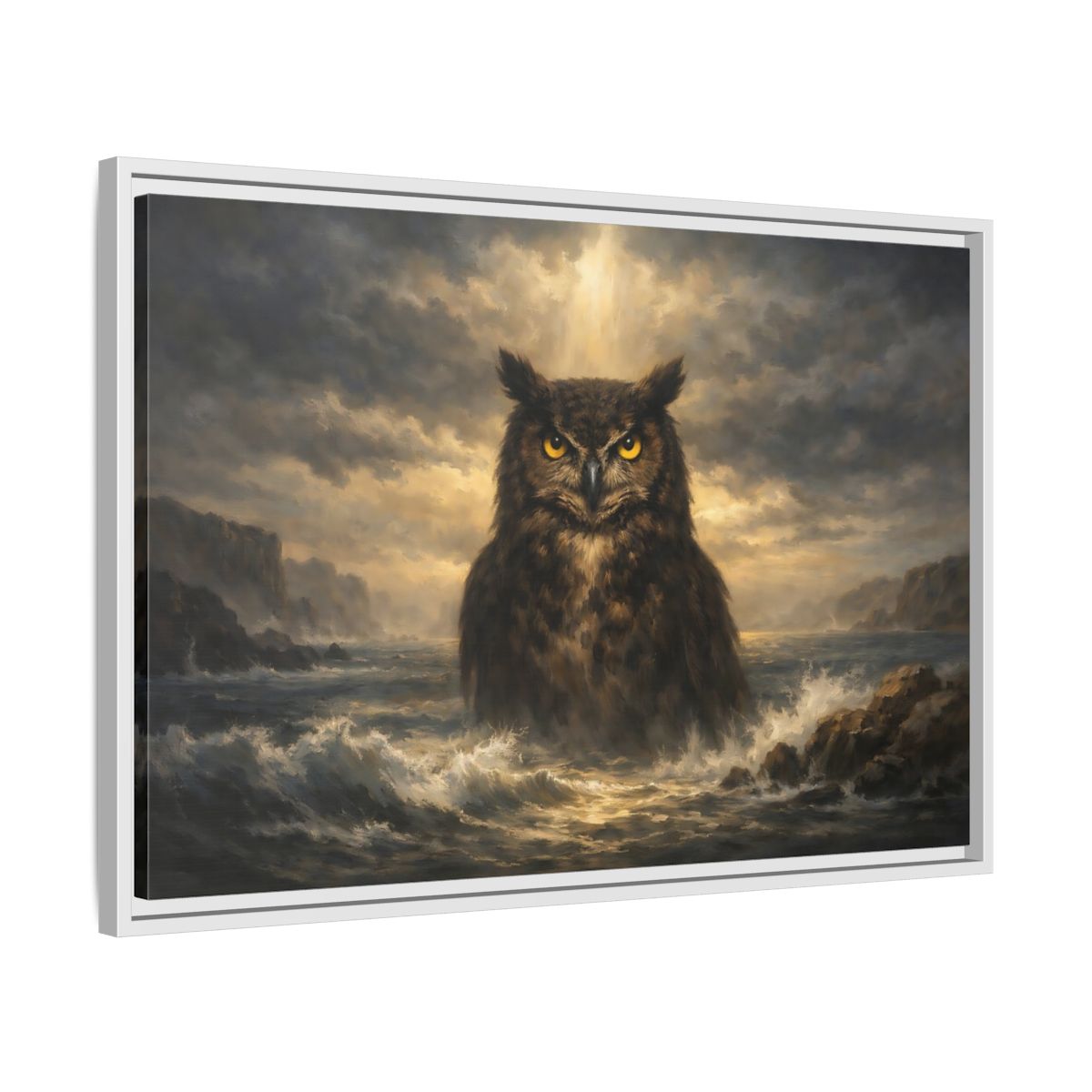 Side Mockup 10. Animals Owl Brown And Gold Owl shown as stretched canvas wall art