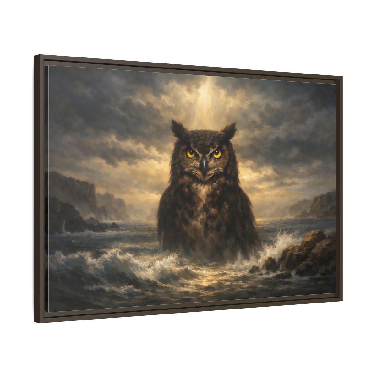 Side Mockup 9. Animals Owl Brown And Gold Owl shown as stretched canvas wall art