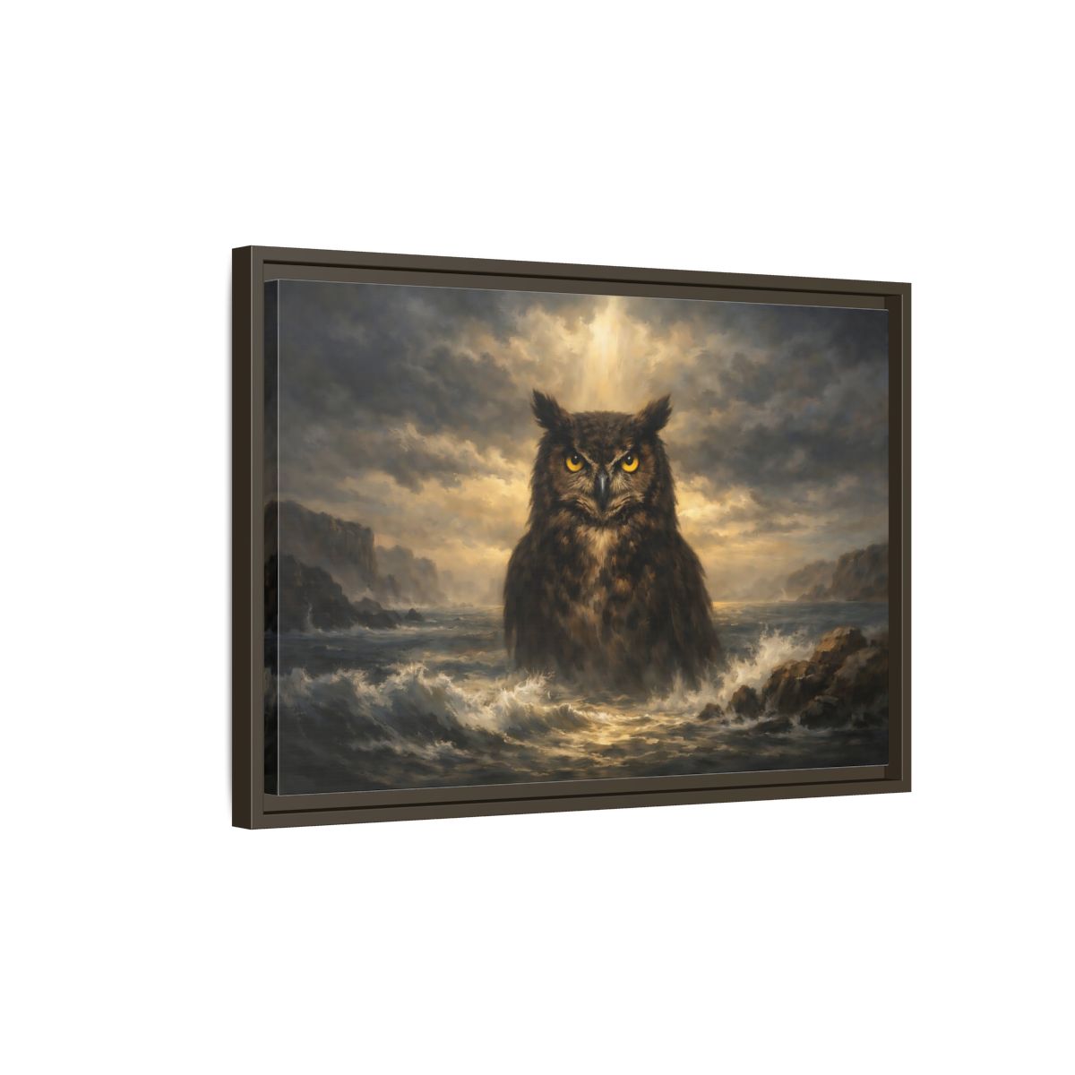 Side Mockup 2. Animals Owl Brown And Gold Owl shown as stretched canvas wall art