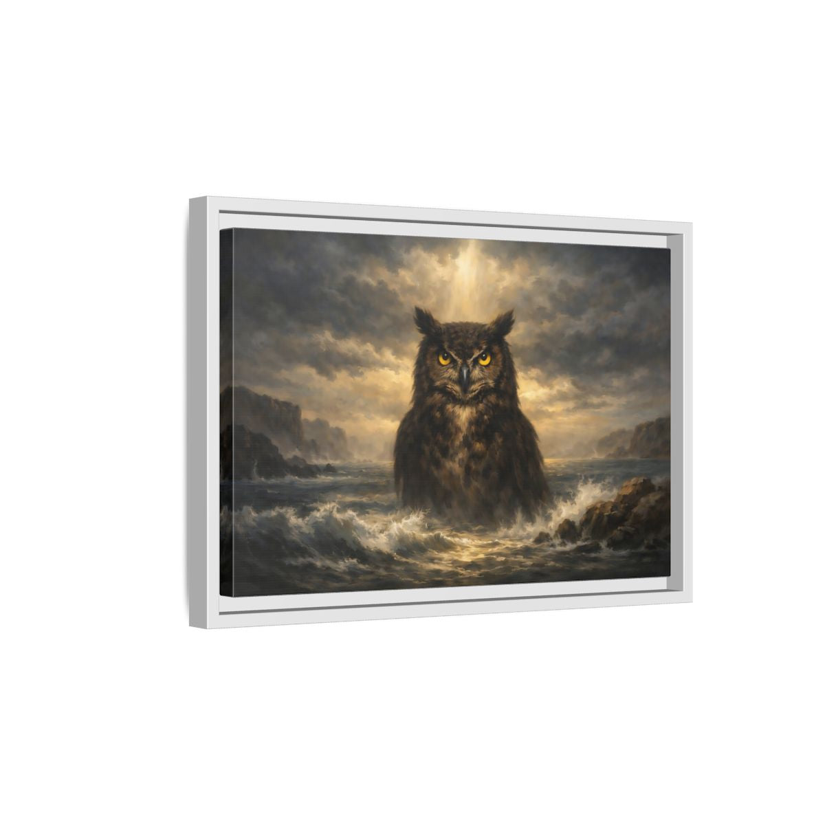 Side Mockup 4. Animals Owl Brown And Gold Owl shown as stretched canvas wall art