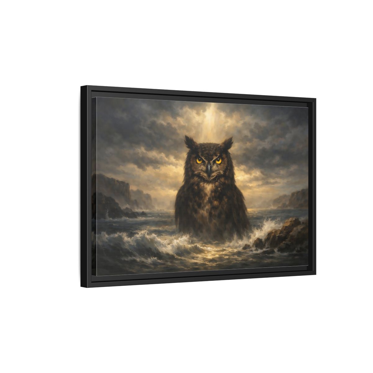 Side Mockup 3. Animals Owl Brown And Gold Owl shown as stretched canvas wall art