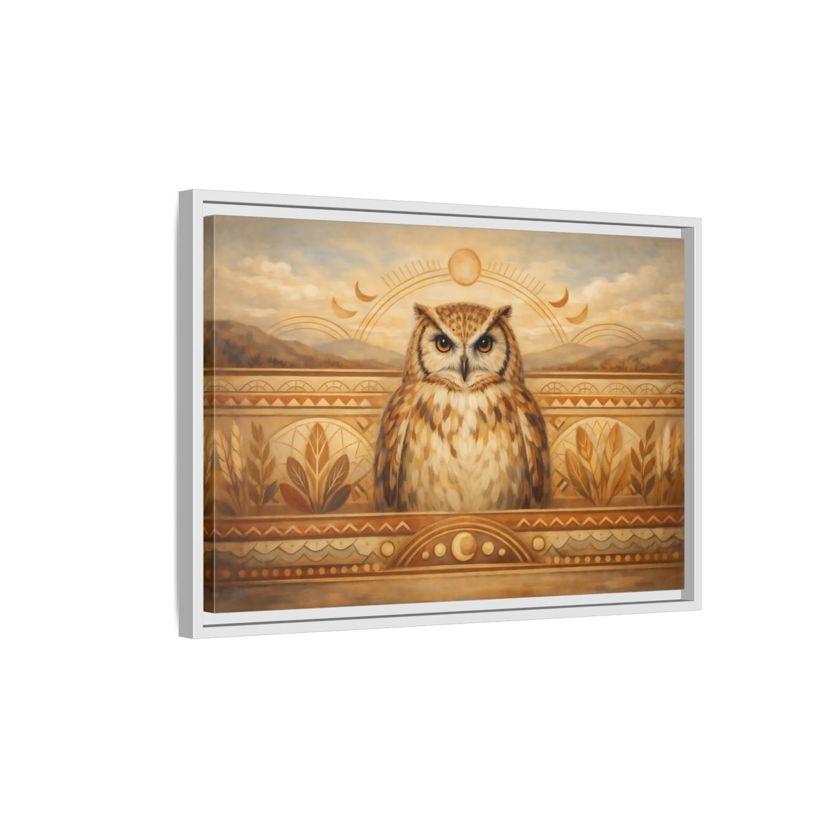 Side Mockup 1. Animals Owl Brown And Gold shown as stretched canvas wall art